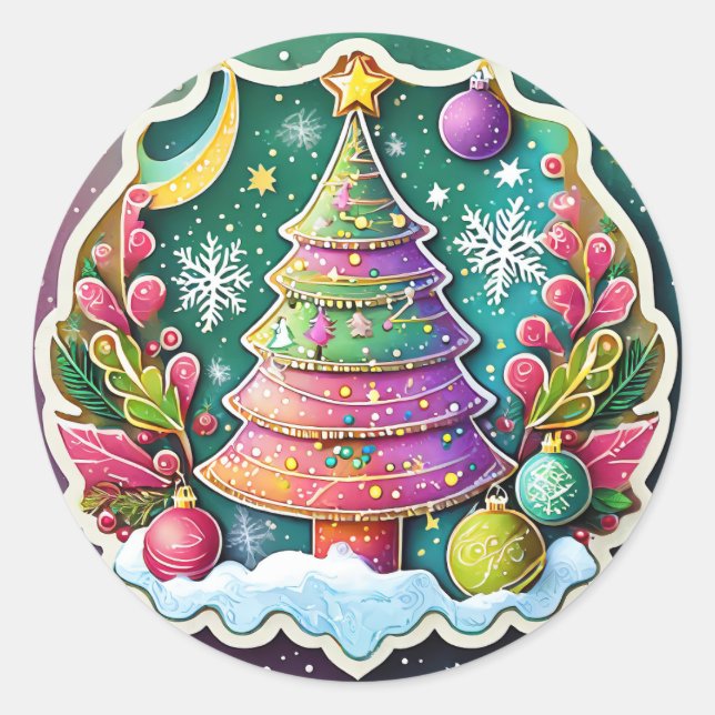 Pegatina Redonda Árbol de Navidad festivo (Anverso)