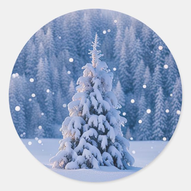 Pegatina Redonda Árbol de Navidad Fiesta Nieve (Anverso)