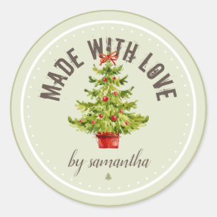 Pegatina Redonda Árbol de Navidad   Hecho Con Amor   Personalizado