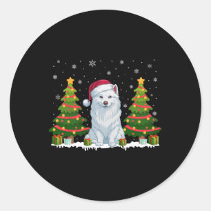 Pegatina Redonda Árbol de navidad ilumina a perro esquimal estadoun