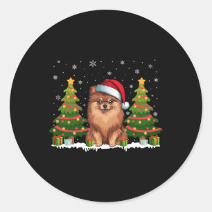 Pegatina Redonda Árbol de navidad ilumina perro pomeraniano Santa H