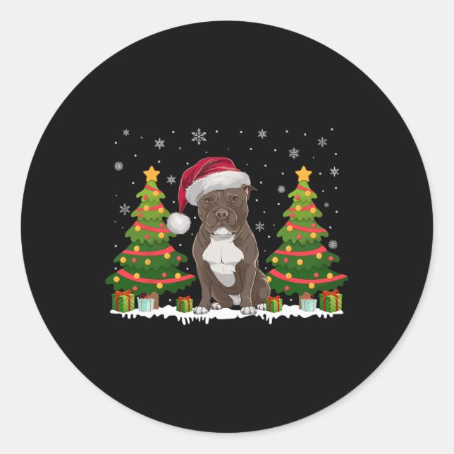 Pegatina Redonda Árbol de navidad ilumina Pitbull Dog Santa Hat Nav (Anverso)