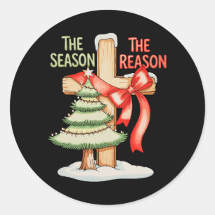 Pegatina Redonda Árbol de Navidad La Razón de la Temporada Cruz Xma