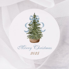 Pegatina Redonda Árbol de Navidad Lazo Azul Navideño Elegante