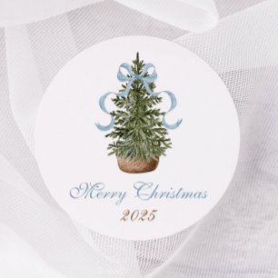 Pegatina Redonda Árbol de Navidad Lazo Azul Navideño Elegante