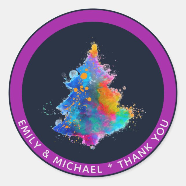 Pegatina Redonda Árbol de Navidad Moderno Arcoíris Azul Marino Pers (Anverso)