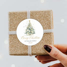 Pegatina Redonda Árbol de navidad moderno con acuarela Gold Script