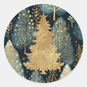 Pegatina Redonda Árbol de Navidad moderno de hoja de oro de bosque 