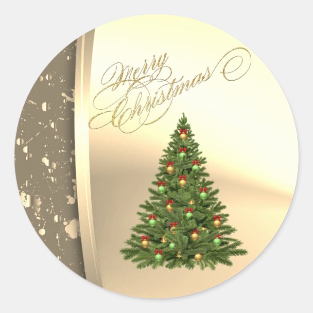 Pegatina Redonda Árbol de Navidad moderno, falso oro (Anverso)