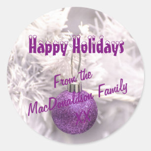 Pegatina Redonda Árbol de Navidad morado y blanco bautizado vacacio