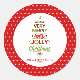 Pegatina Redonda Árbol de Navidad muy alegre Holly Jolly Texto pers