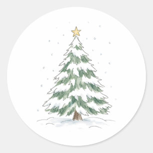 Pegatina Redonda Árbol de Navidad nevado con estrella dorada acuare