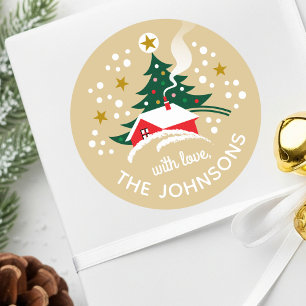 Pegatina Redonda Árbol de Navidad Nombre personalizado Nieve Vintag