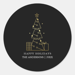 Pegatina Redonda Árbol de Navidad oro mínimo negro moderno