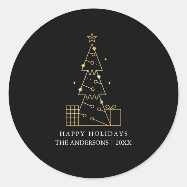 Pegatina Redonda Árbol de Navidad oro mínimo negro moderno (Anverso)