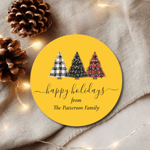Pegatina Redonda Árbol de Navidad Patrón Rústico Personalizado
