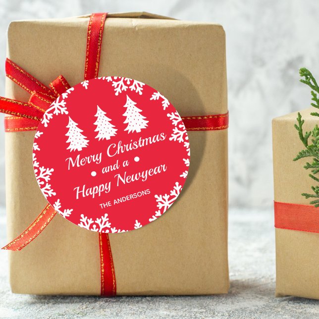 Pegatina Redonda Árbol de Navidad personalizado Feliz Navidad rojo (Subido por el creador)