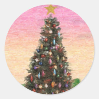 Pegatina Redonda Árbol de navidad: Pintura al óleo