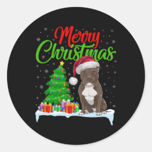 Pegatina Redonda Árbol de Navidad Pitbull Dog Enciende Noche Pitbul