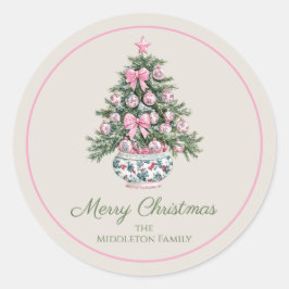 Pegatina Redonda Árbol de Navidad Preppy Chinoiserie Personalizado
