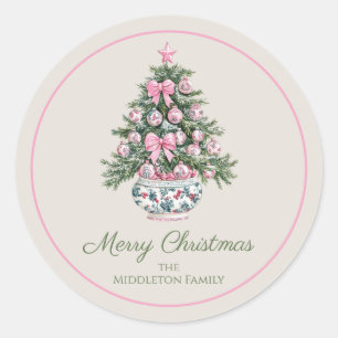 Pegatina Redonda Árbol de Navidad Preppy Chinoiserie Personalizado