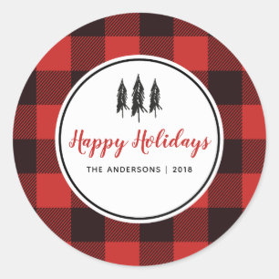 Pegatina Redonda Árbol de Navidad Red & Black Gingham Flannel