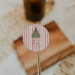 Pegatina Redonda Árbol de Navidad Retro Merry & Bright Red Stripes