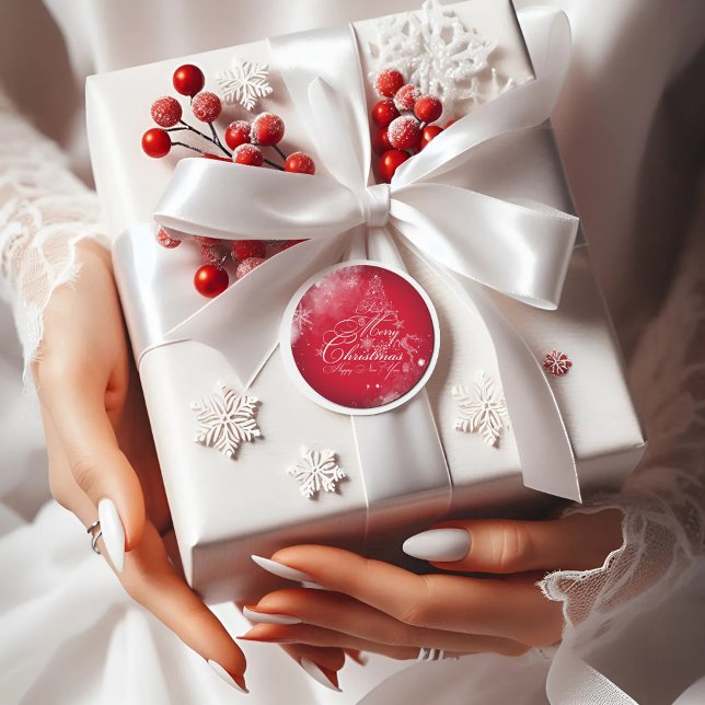 Pegatina Redonda Árbol de Navidad Rojo Elegante (Subido por el creador)