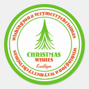Pegatina Redonda Árbol de Navidad rojo y verde y caprichoso