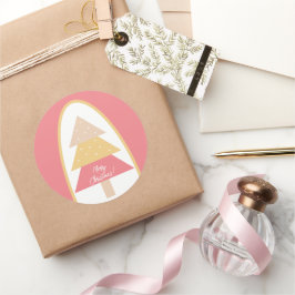 Pegatina Redonda Árbol de Navidad Rosa Adorable