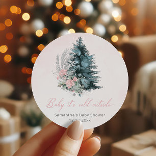 Pegatina Redonda árbol de Navidad Rosa Bebé hace frío afuera