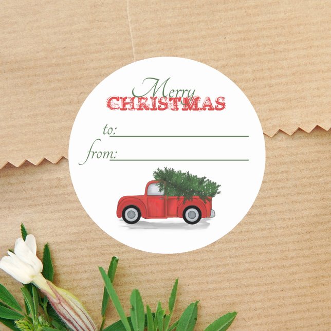 Pegatina Redonda Árbol de Navidad Rústico De Camión Rojo A De Cute (Merry Christmas Rustic red truck watercolor to and from gift sticker. )