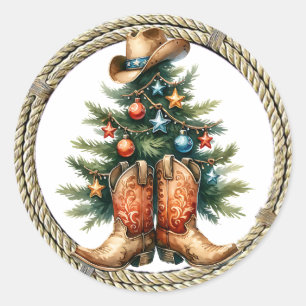 Pegatina Redonda Árbol de Navidad Rústico del País y Occidente
