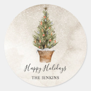 Pegatina Redonda Árbol de Navidad Rústico Felices Fiestas