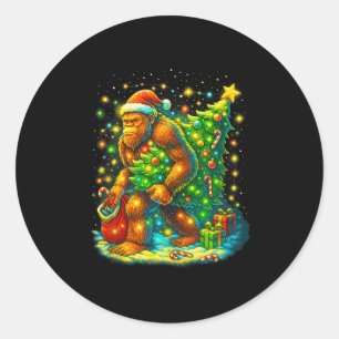 Pegatina Redonda Árbol de Navidad Santa Bigfoot Divertido Sasquatch