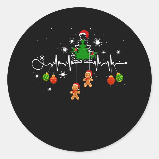 Pegatina Redonda Árbol de Navidad Stethoscope Hearbeat Gingerbread  (Anverso)