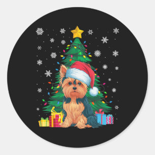 Pegatina Redonda Árbol de Navidad sudoroso enciende Yorkie Dog Sant