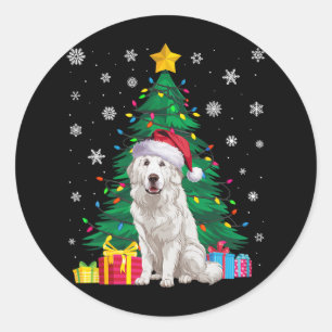 Pegatina Redonda Árbol de navidad sudoroso ilumina el gran perro de