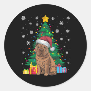 Pegatina Redonda Árbol de navidad sudoroso ilumina Shar Pei Dog Sa