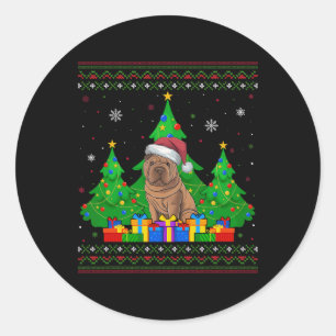 Pegatina Redonda Árbol de navidad sudoroso Santa Hat Shar Pei Perro