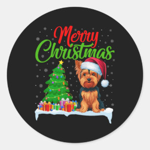 Pegatina Redonda Árbol de Navidad Terrier de Yorkshire enciende div