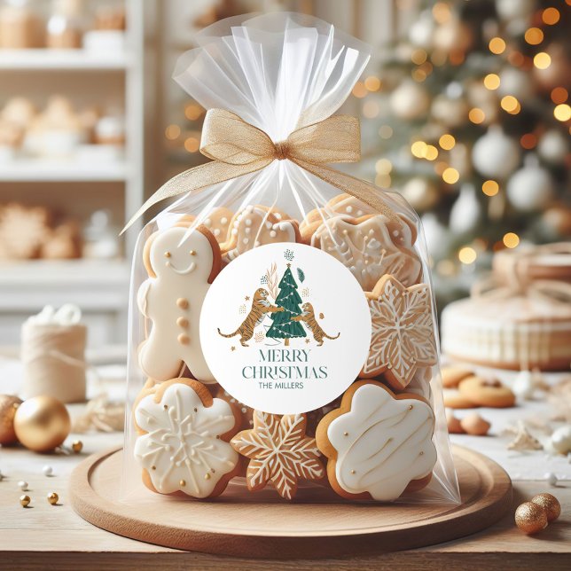 Pegatina Redonda Árbol de Navidad tigres adorables Feliz Retro de N (Subido por el creador)
