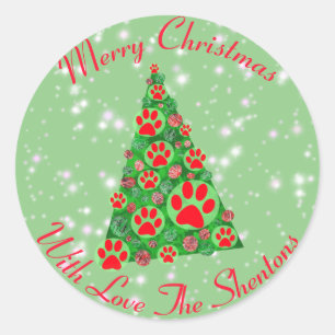 Pegatina Redonda Árbol de navidad verde de hojas de silueta roja