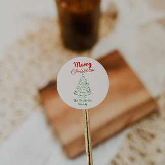 Pegatina Redonda Árbol de Navidad verde rojo dibujado a mano Retro