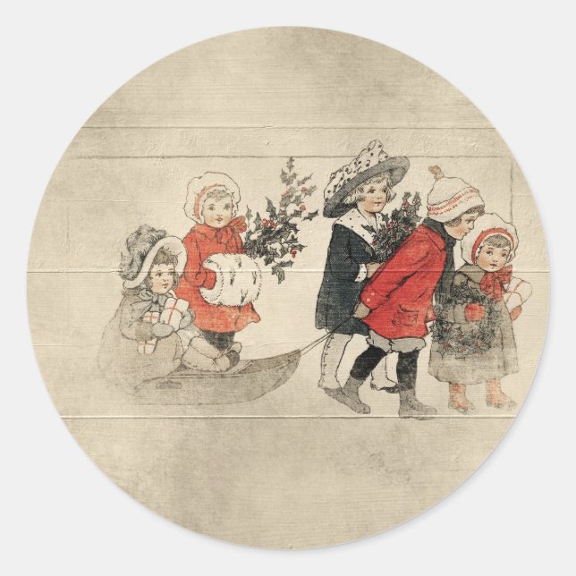 Pegatina Redonda árbol de navidad vintage para niños (Anverso)