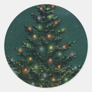 Pegatina Redonda Árbol de Navidad vintage por la noche con luces y 