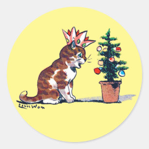 Pegatina Redonda Árbol de Navidad y gatitos, Louis Wain