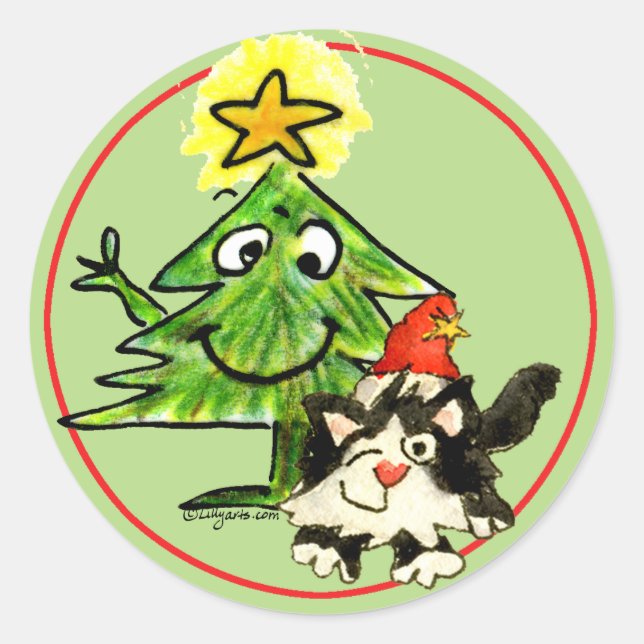 Pegatina Redonda Árbol de Navidad y gato gatito (Anverso)