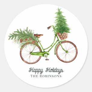 Pegatina Redonda Árbol de Navidad y pinos de bicicleta retro navide