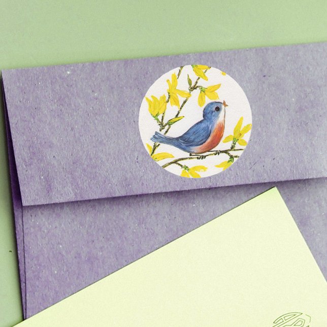 Pegatina Redonda Árbol de pájaros azules canto (Little red blue singing bird on branch with yellow flowers on white round sticker.)